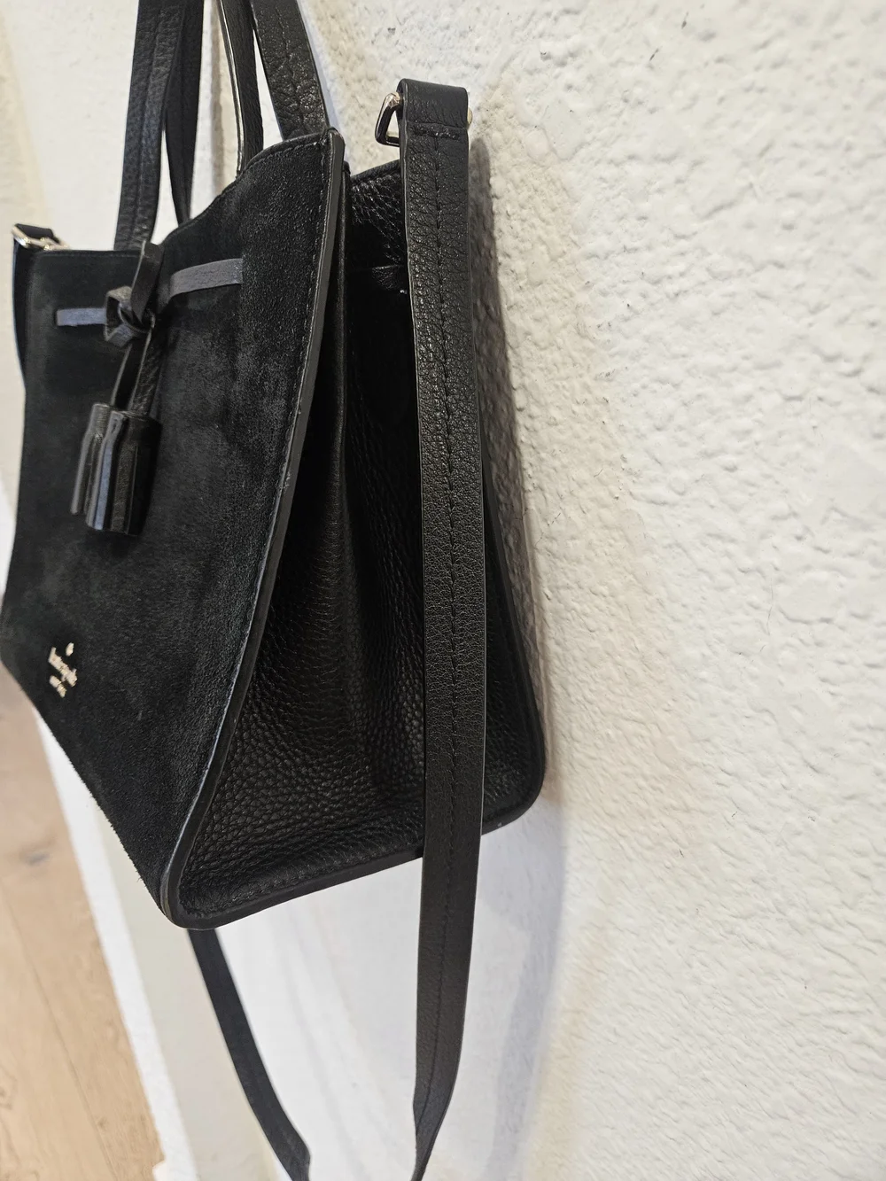 Kate Spade Black Suede Leather Hayes Small Satchel Tassel Bow Handbag